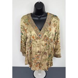 Doncaster Collection Women's Floral V-Neck Beaded Sequin Silk Top Gold Size 8